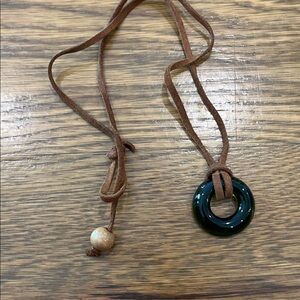 Brown Suede Necklace with Green Pendant